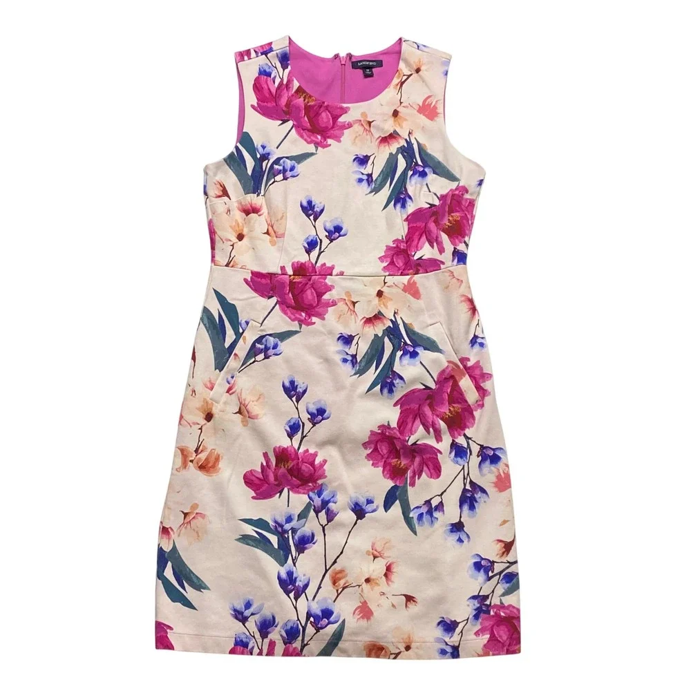 Lands End Womens Floral Sleeveless Sheath Dress Pink Purple Cream‎ Size 12